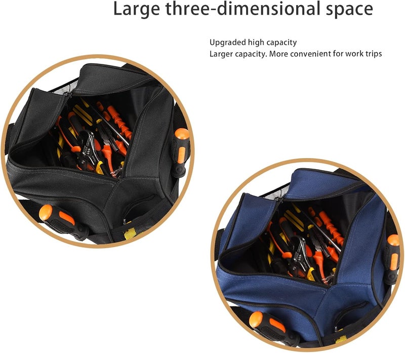 FSATECH 14 Inch Small Tool Bag, Wide Mouth Tool Tote Bag, Waterproof Tool Organizer Bag, Electricians Repairman Tools Tote Bag Double Fabric Storage Bag (Black+Blue) - Image 5